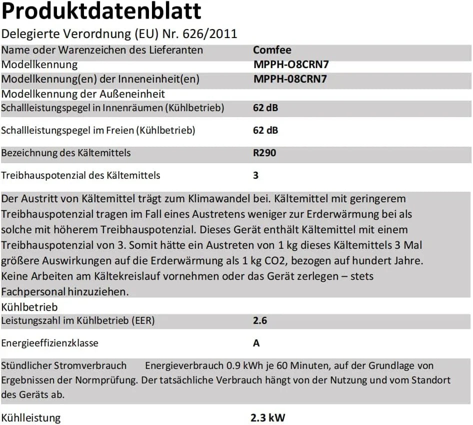 Comfee Mobiles Klimagerät MPPH-09CRN7, 9000 BTU 2,6kW, Kühlen&Ventilieren&Entfeuchten, Raumgröße bis 88m³(33㎡), Mobile Klimaanlage mit Abluftschlauch