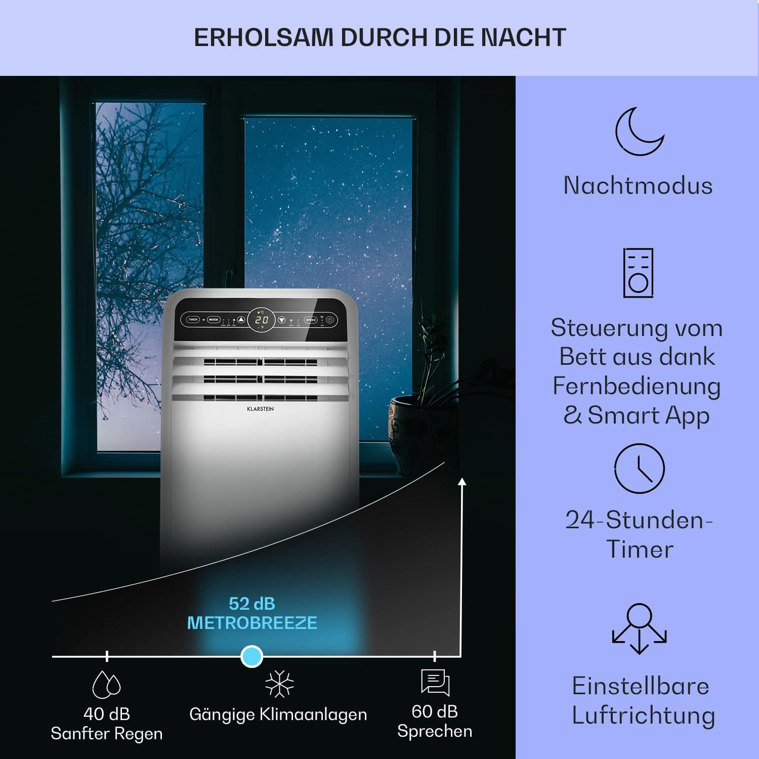 Klarstein Mobile Klimaanlage mit Abluftschlauch, 4-in-1 Klimagerät mit Ventilator, Luftentfeuchter & Nachtmodus, Kleine & Portable Klimaanlage für Wohnung & Büro, App-Steuerung, 12000 BTU