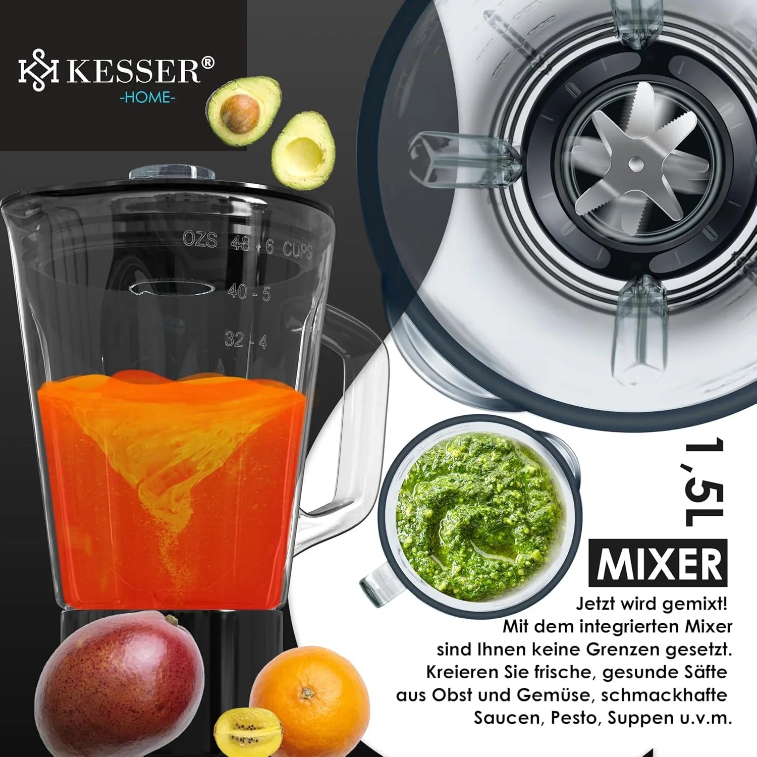 KESSER® 3 in 1 Universal Küchenmaschine K-KM 3000 mit Fleischwolf Knetmaschine Multifunktionale Rührmaschine 5,5L Schüssel mit 3 Rührwerkzeuge, 1,5L Entsafter, Zubehör-Set, Pasta & Gebäckformen