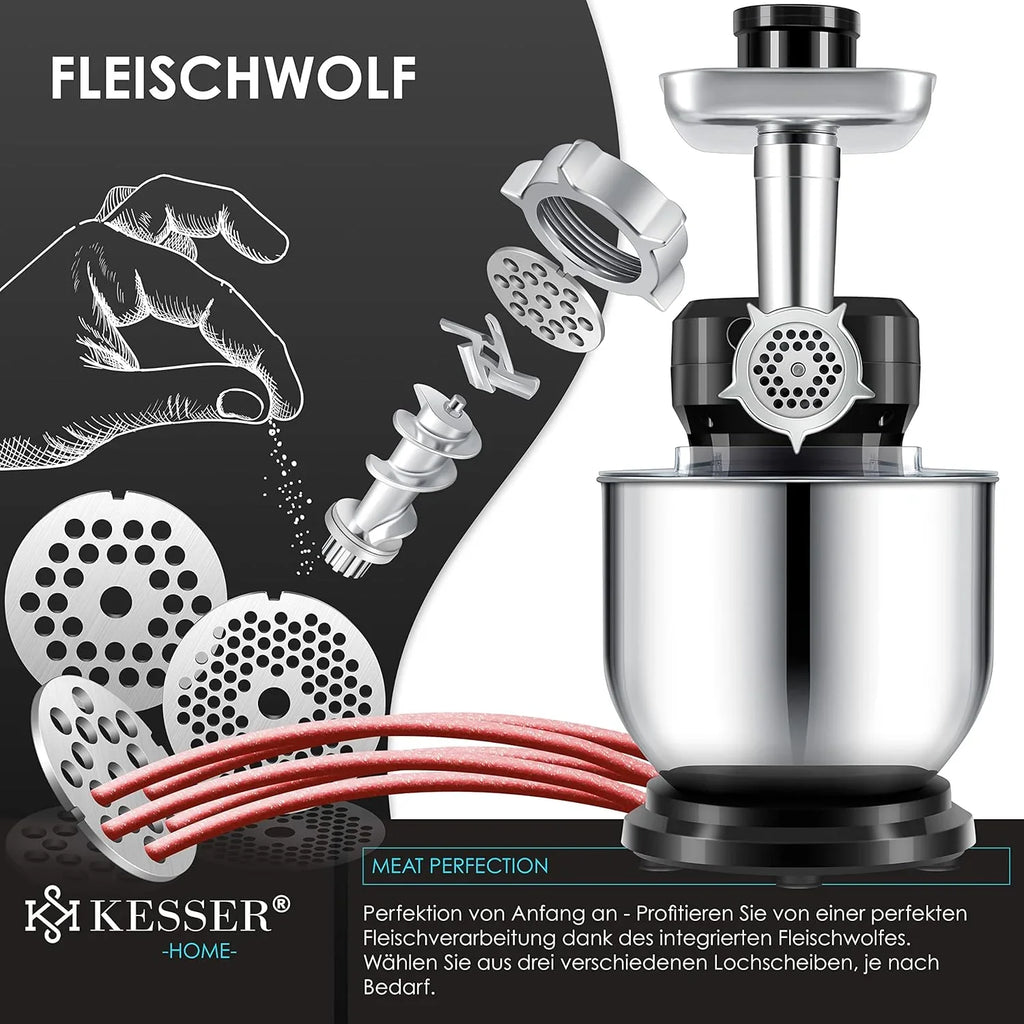 KESSER® 3 in 1 Universal Küchenmaschine K-KM 3000 mit Fleischwolf Knetmaschine Multifunktionale Rührmaschine 5,5L Schüssel mit 3 Rührwerkzeuge, 1,5L Entsafter, Zubehör-Set, Pasta & Gebäckformen