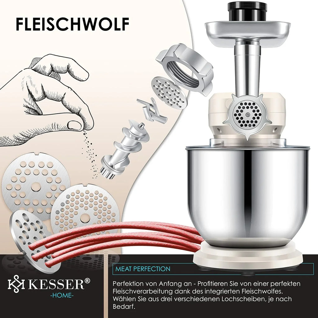 KESSER® 3 in 1 Universal Küchenmaschine K-KM 3000 mit Fleischwolf Knetmaschine Multifunktionale Rührmaschine 5,5L Schüssel mit 3 Rührwerkzeuge, 1,5L Entsafter, Zubehör-Set, Pasta & Gebäckformen