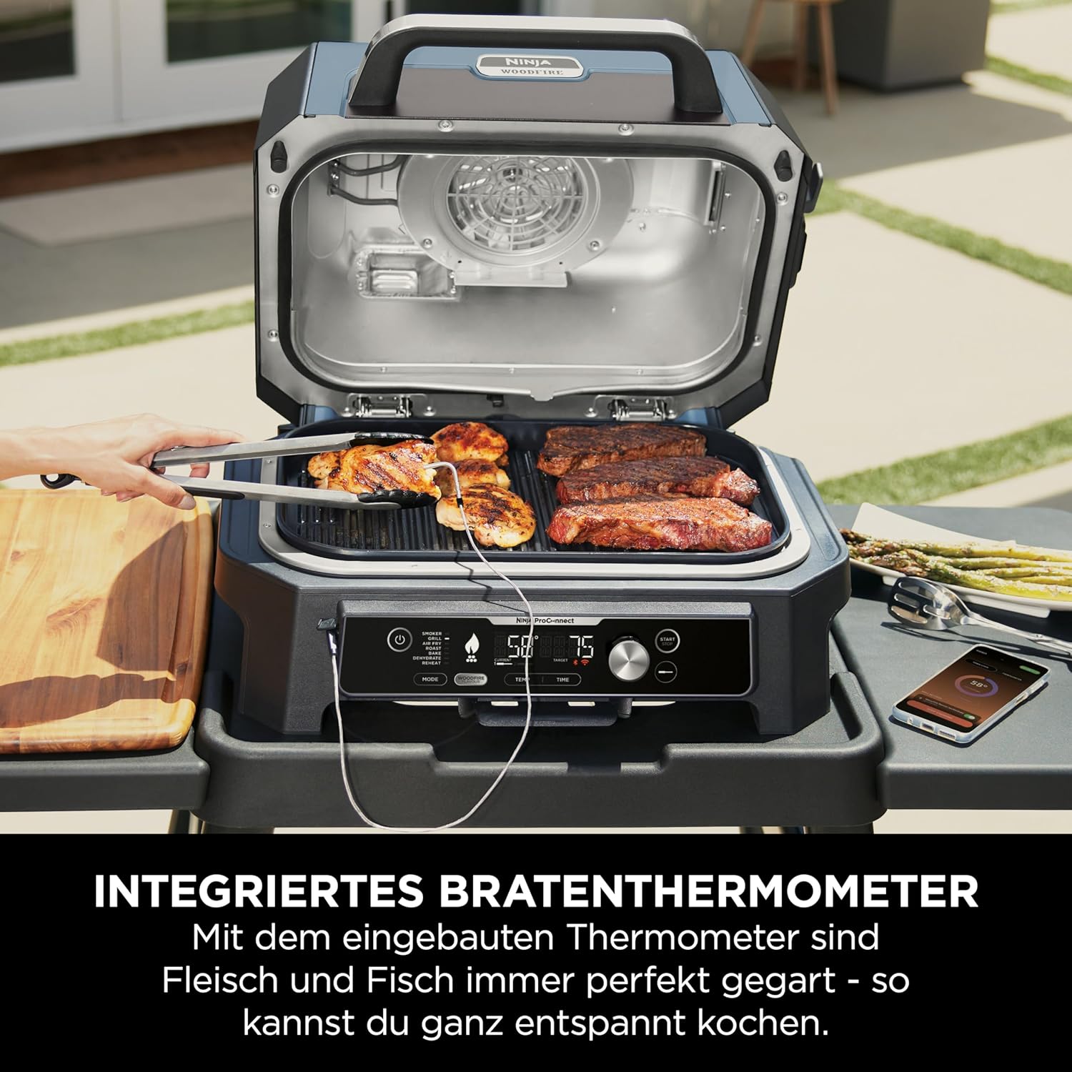 Ninja Woodfire Electric BBQ Grill & Smoker & Air Fryer, 7-in-1 Outdoor BBQ Grill, Air Fry, Smoke, Roast, Bake and more, Weather Resistant, Non-Stick, Portable, Electric, Grey/Black OG701EU