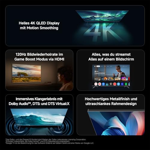 XIAOMI A Pro, 55" (140 cm), 4K UHD QLED, Smart TV, Google TV, Triple Tuner DVB-C/S/S2/T/T2, HDR10+, Game Boost 120Hz, MEMC, Sprachsteuerung mit, 2+8GB, Kompatibel mit Apple Airplay & Google Cast