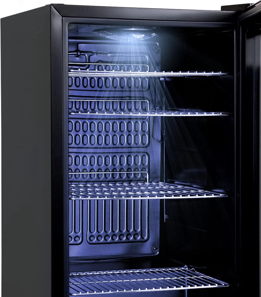 °CUBES Getränkekühlschrank 90L mit Glastür & 4 variablen Ablagen | Kompakter Flaschenkühlschrank, perfekt für zu Hause, Büro, Partys & Gastro | Stilvoller Kühlschrank mit Glastür, schwarz