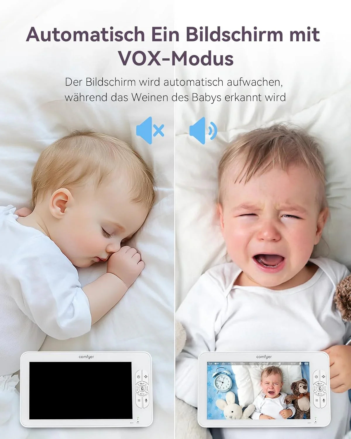Comfyer Split-Screen Babyphone mit 2 Kameras, 7 HD 720P Video Babyphone ohne WLAN mit Halterung, IR-Nachtsicht Weitwinkelobjektiv Vox-Modus 2-Wege-Audio 960 Fuß Reichweite Videoüberwachungsgeräte