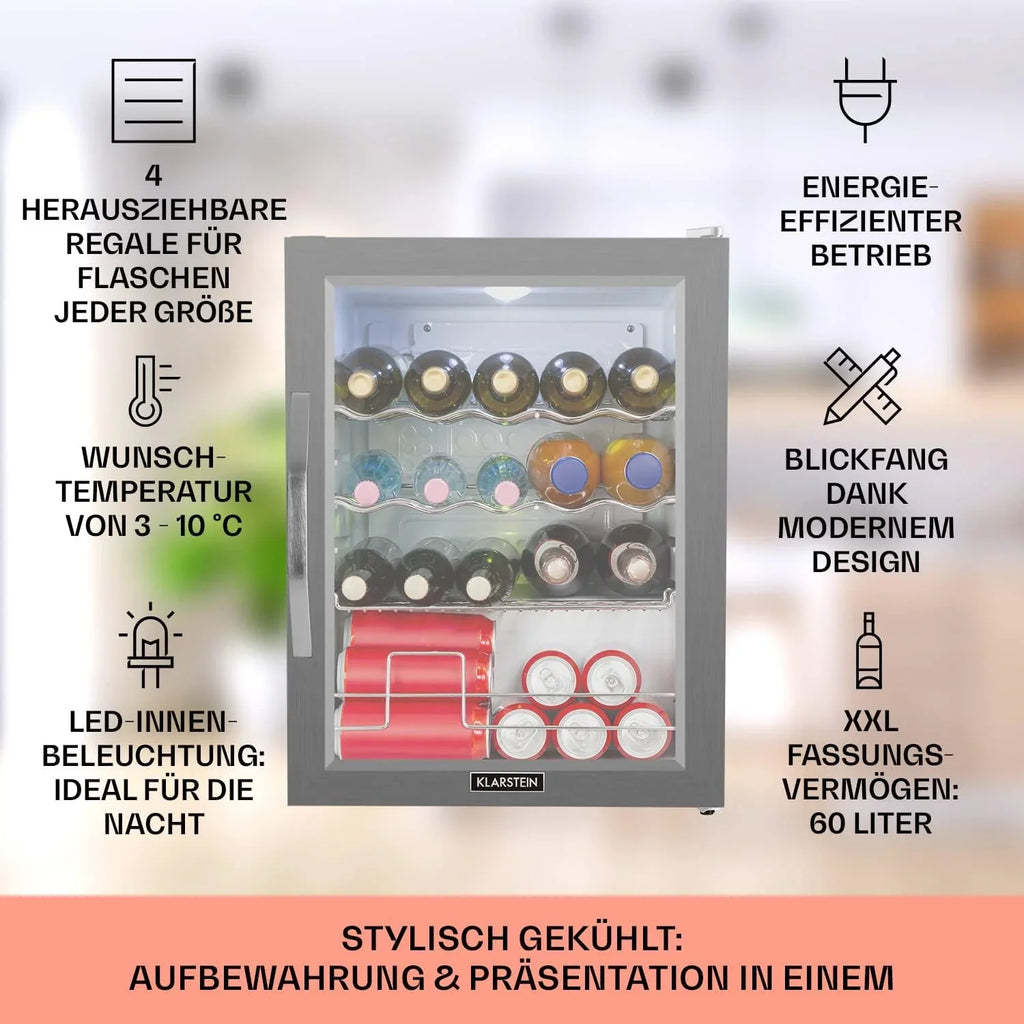 Klarstein Mini Kühlschrank mit Glastür für Zimmer, Getrnkekühlschrank mit Verstellbaren Ablagen, Kleiner 80 Liter, Indoor/Outdoor Kühlschrank Leise