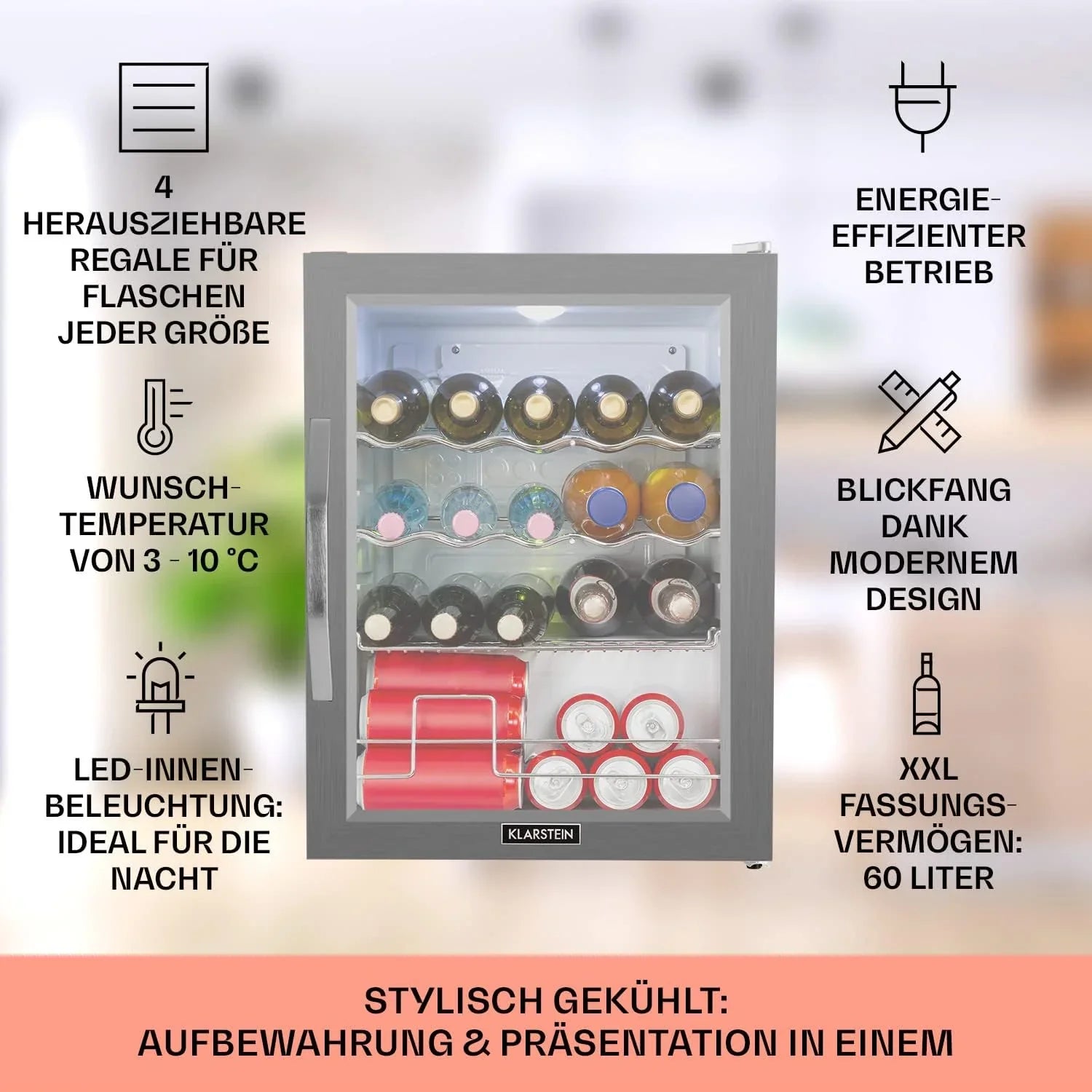Klarstein Mini Kühlschrank mit Glastür für Zimmer, Getrnkekühlschrank mit Verstellbaren Ablagen, Kleiner 80 Liter, Indoor/Outdoor Kühlschrank Leise