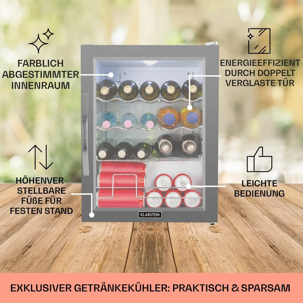 Klarstein Mini Kühlschrank mit Glastür für Zimmer, Getrnkekühlschrank mit Verstellbaren Ablagen, Kleiner 80 Liter, Indoor/Outdoor Kühlschrank Leise