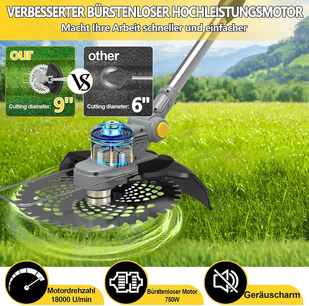 Akku Rasentrimmer mit Akku und Unkrautbürste 4 in 1 Freischneider mit Unkrautbürste 21V Bürstenloser Freischneider, Elektro Motorsense mit 2 Akku 4.0Ah und Ladegerät Teleskop, Verstellbarer, Orange