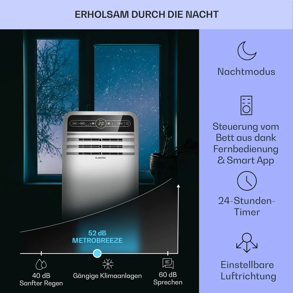 Klarstein Mobile Klimaanlage mit Abluftschlauch, 4-in-1 Klimagerät mit Ventilator, Luftentfeuchter & Nachtmodus, Kleine & Portable Klimaanlage für Wohnung & Büro, Niedriger Verbrauch, 9000 BTU