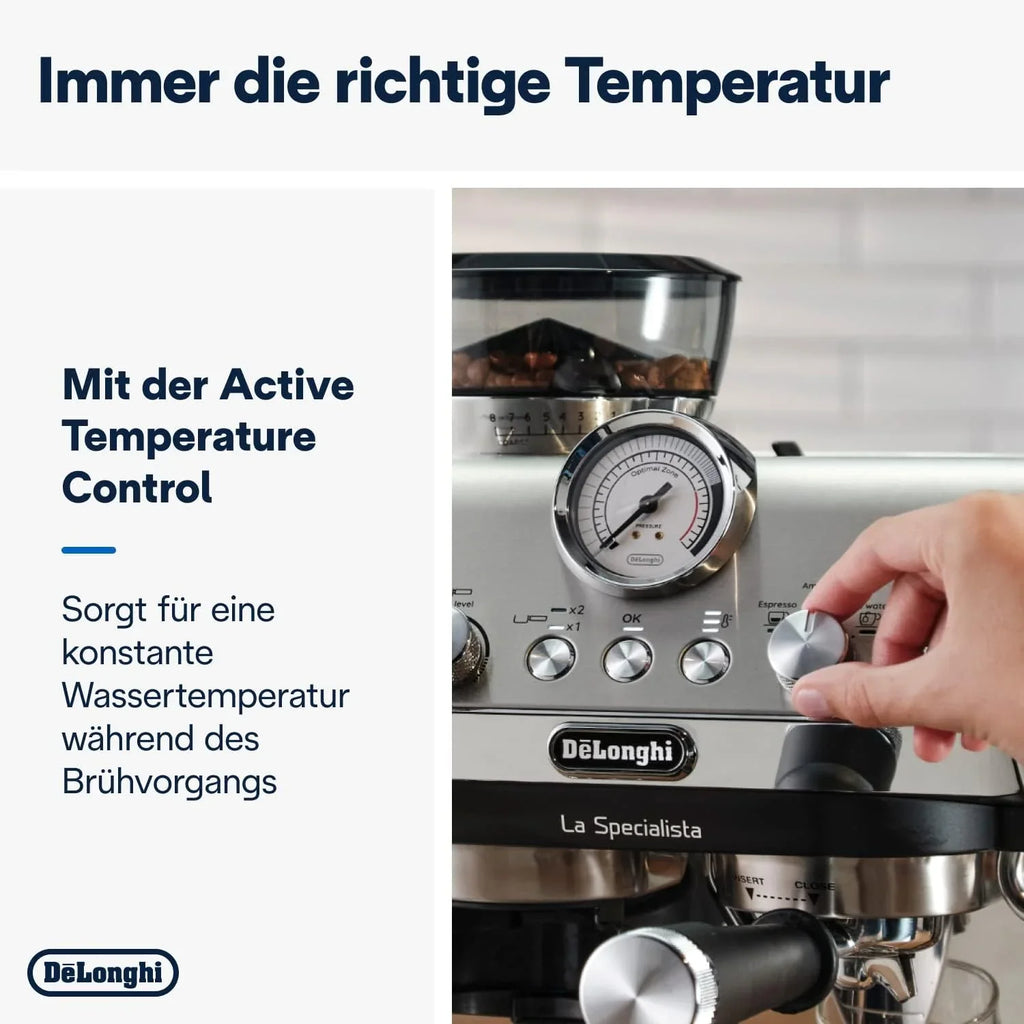 De'Longhi La Specialista Arte EC9155.MB Siebtrgermaschine, Espressomaschine mit Mahlwerk, 8 Mahlgrade, 15 Bar, 3 Temperaturen, Milchschaumdüse, 1300 W, 1,5 l Tank, Edelstahl/Schwarz inkl. Barista-Kit