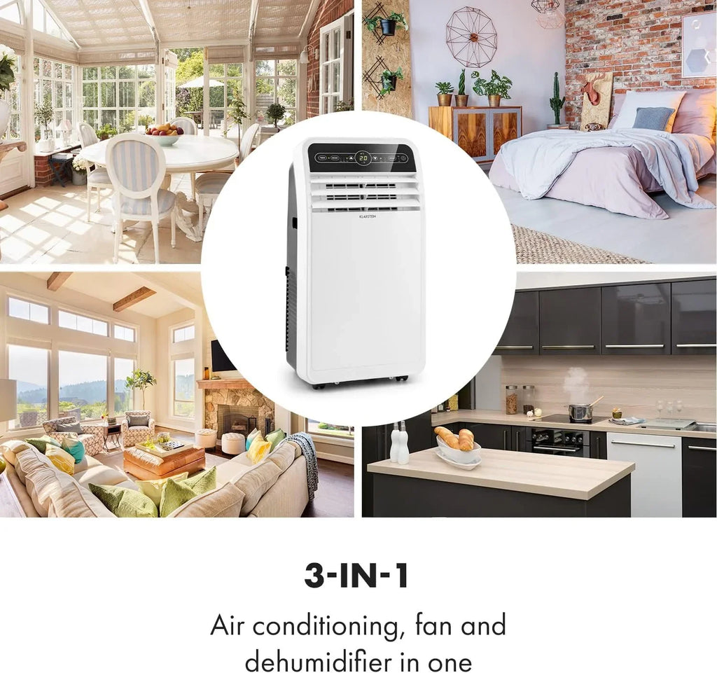 Klarstein Mobile Klimaanlage mit Abluftschlauch, 4-in-1 Klimagerät mit Ventilator, Luftentfeuchter & Nachtmodus, Kleine & Portable Klimaanlage für Wohnung & Büro, Niedriger Verbrauch, 9000 BTU