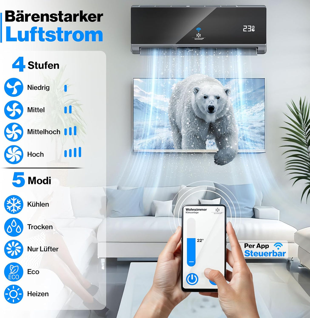 KESSER® Klimaanlage Set Split - mit WiFi/App Funktion Klimagerät - Kühlen A++/ Heizen A+ - 9000 BTU/h (2.600 Watt) Kältemittel R32 - Fernbedienung, Timerfunktion - Inkl. komplettem Montagematerial