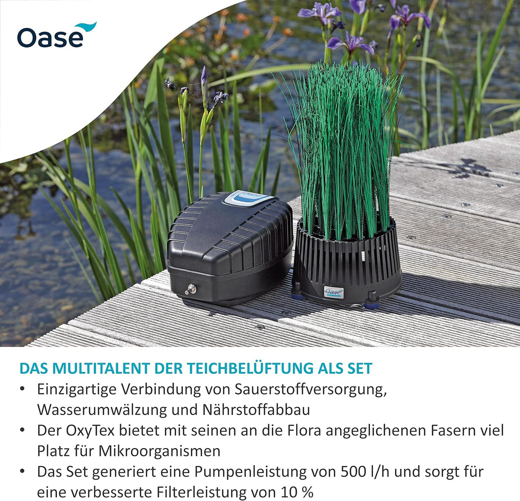 OASE 50249 Teichbelüfter OxyTex Set 1000, Teichbelüftung, Sauerstoffversorgung, Belüftungspumpe, Filtermedium, erhöht Filterleistung um bis zu 25%