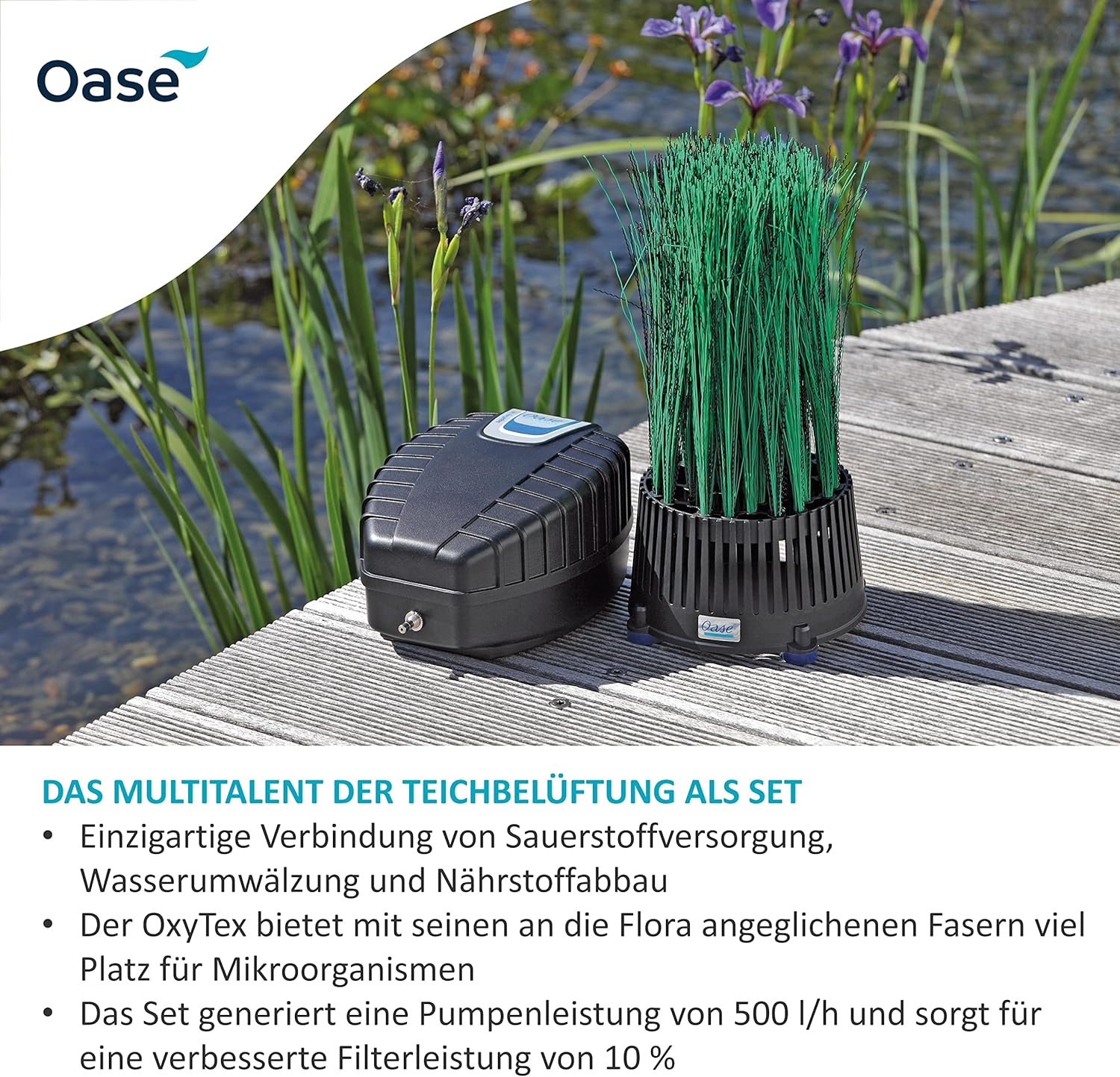 OASE 50249 Teichbelüfter OxyTex Set 1000, Teichbelüftung, Sauerstoffversorgung, Belüftungspumpe, Filtermedium, erhöht Filterleistung um bis zu 25%