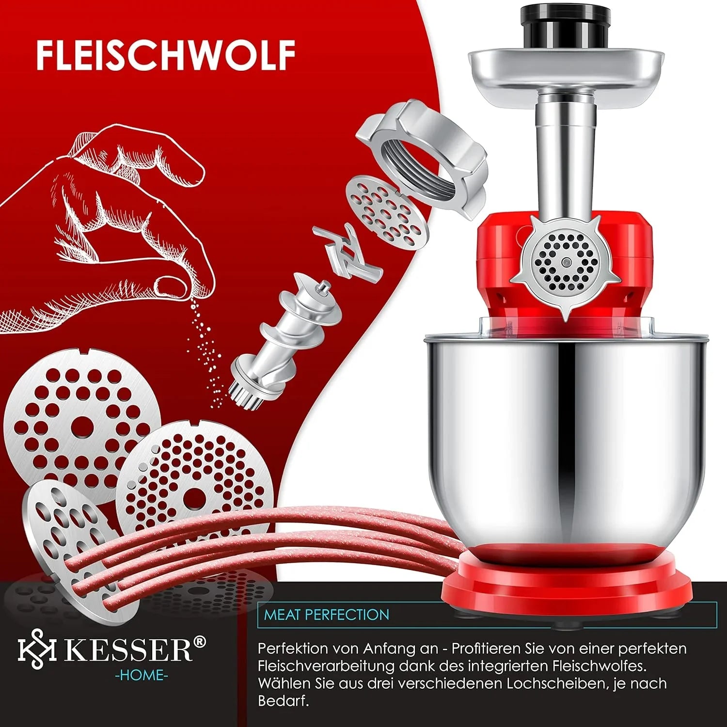 KESSER® 3 in 1 Universal Küchenmaschine K-KM 3000 mit Fleischwolf Knetmaschine Multifunktionale Rührmaschine 5,5L Schüssel mit 3 Rührwerkzeuge, 1,5L Entsafter, Zubehör-Set, Pasta & Gebäckformen