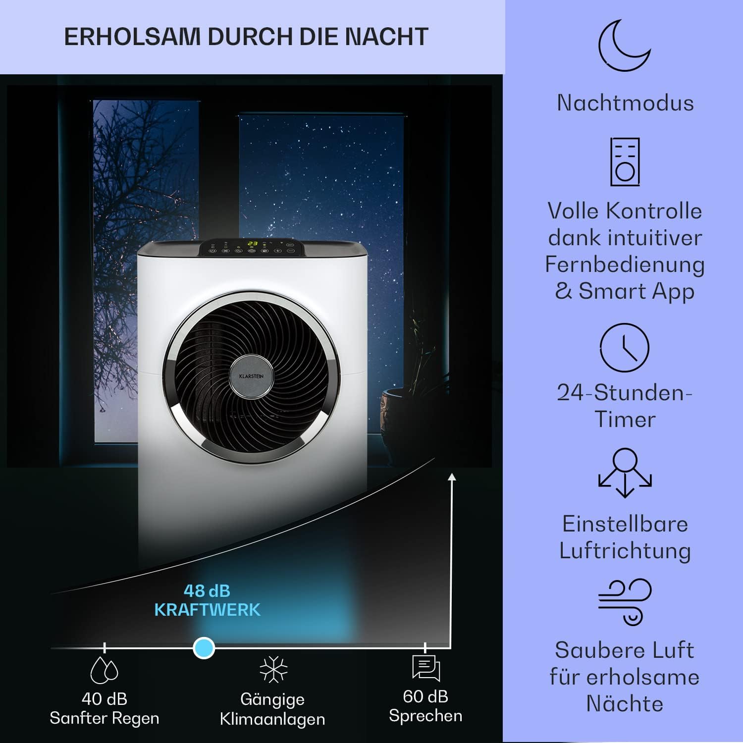 Klarstein Mobile Klimaanlage mit Abluftschlauch, 5-in-1 Klimagerät, Ventilator, Luftentfeuchter, Luftreiniger & Nachtmodus, App-Steuerung, Kleine & Portable, für Wohnung & Büro, 12000 BTU