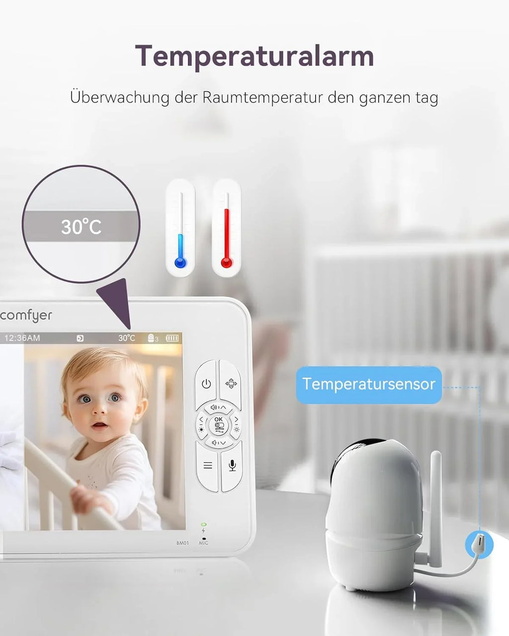 Comfyer Split-Screen Babyphone mit 2 Kameras, 7 HD 720P Video Babyphone ohne WLAN mit Halterung, IR-Nachtsicht Weitwinkelobjektiv Vox-Modus 2-Wege-Audio 960 Fuß Reichweite Videoüberwachungsgeräte