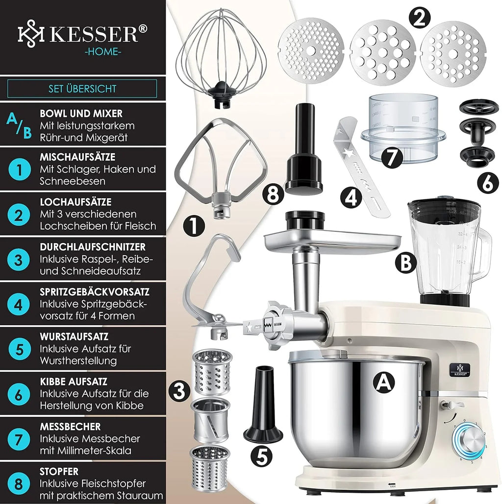 KESSER® 3 in 1 Universal Küchenmaschine K-KM 3000 mit Fleischwolf Knetmaschine Multifunktionale Rührmaschine 5,5L Schüssel mit 3 Rührwerkzeuge, 1,5L Entsafter, Zubehör-Set, Pasta & Gebäckformen