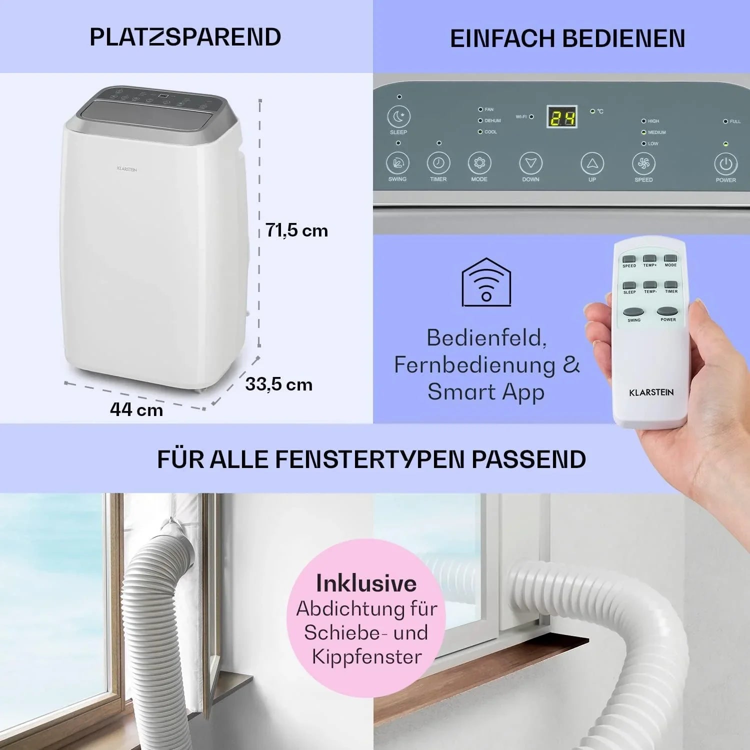 Klarstein Mobile Klimaanlage mit Abluftschlauch, 3-in-1 Klimagerät mit Ventilator, Luftentfeuchter & Nachtmodus, Kleine & Portable Klimaanlage für Wohnung & Büro, 12000 BTU Niedrig Verbrauch