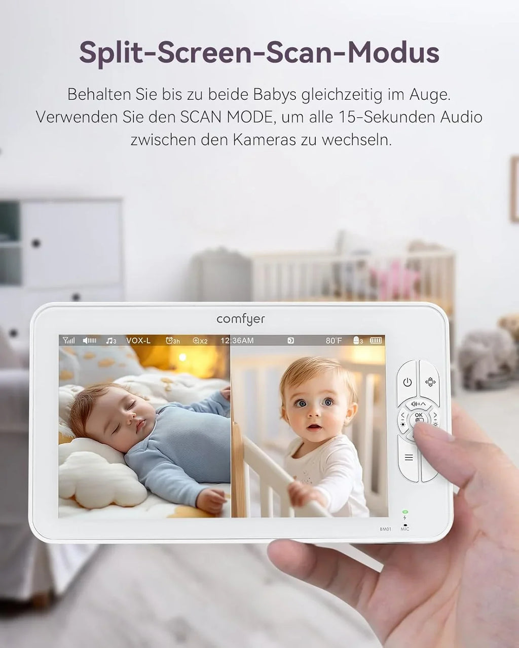 Comfyer Split-Screen Babyphone mit 2 Kameras, 7 HD 720P Video Babyphone ohne WLAN mit Halterung, IR-Nachtsicht Weitwinkelobjektiv Vox-Modus 2-Wege-Audio 960 Fuß Reichweite Videoüberwachungsgeräte