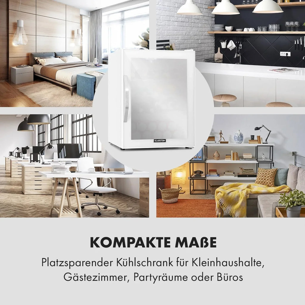 Klarstein Mini Kühlschrank mit Glastür für Zimmer, Getrnkekühlschrank mit Verstellbaren Ablagen, Kleiner 80 Liter, Indoor/Outdoor Kühlschrank Leise