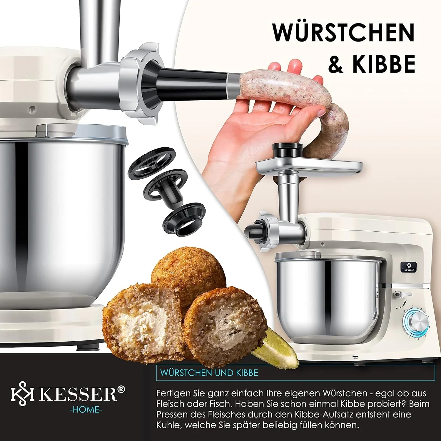 KESSER® 3 in 1 Universal Küchenmaschine K-KM 3000 mit Fleischwolf Knetmaschine Multifunktionale Rührmaschine 5,5L Schüssel mit 3 Rührwerkzeuge, 1,5L Entsafter, Zubehör-Set, Pasta & Gebäckformen