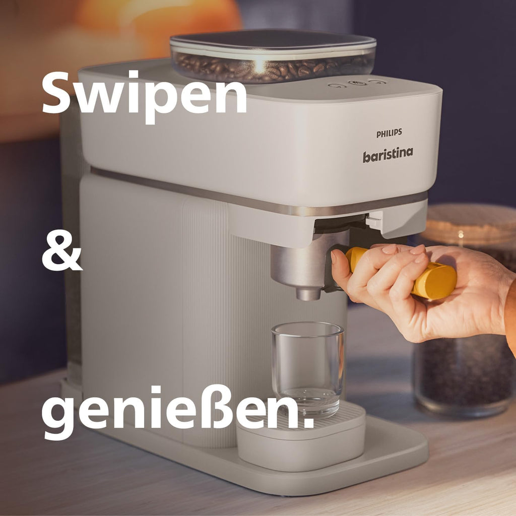 Philips Baristina Espressomaschine - Real Espresso- made simple. Kompakte Kaffeemaschine- Naturweiß mit weißem Siebträger- 16-bar-Pumpendruck- automatisches Mahlwerk- Cafe Crema (BAR300/00)