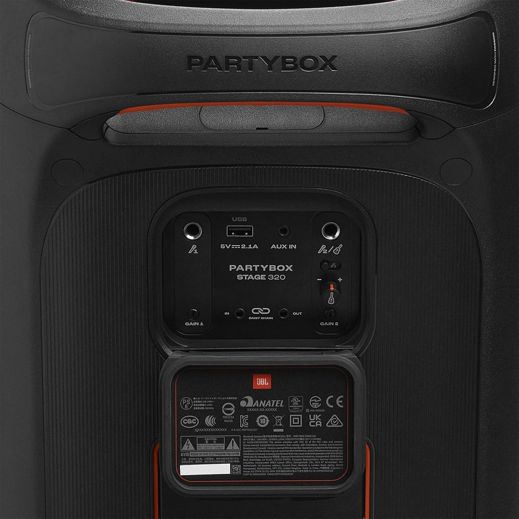 JBL Partybox Stage 120 in Schwarz – Tragbare Bluetooth-Lautsprecher-Box mit JBL Pro Sound, Lichtshow, KI-Sound-Boost und Teleskopgriff – 12 h Laufzeit