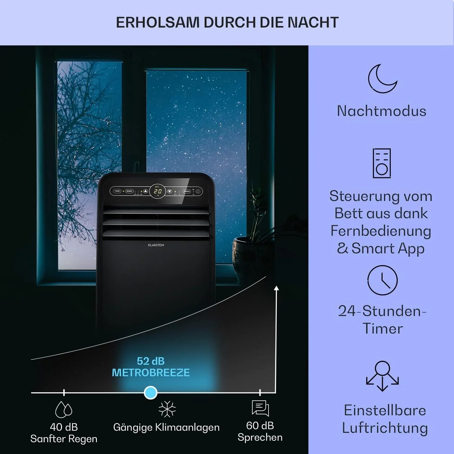 Klarstein Mobile Klimaanlage mit Abluftschlauch, 4-in-1 Klimagerät mit Ventilator, Luftentfeuchter & Nachtmodus, Kleine & Portable Klimaanlage für Wohnung & Büro, Niedriger Verbrauch, 9000 BTU