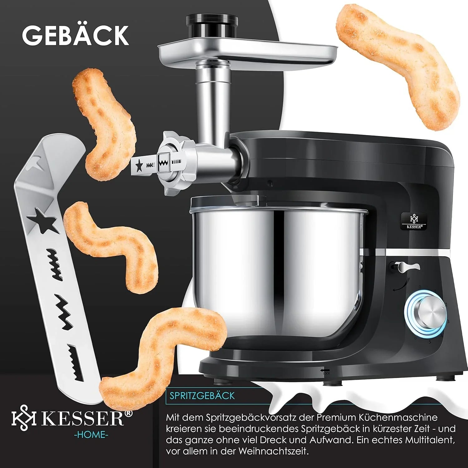 KESSER® 3 in 1 Universal Küchenmaschine K-KM 3000 mit Fleischwolf Knetmaschine Multifunktionale Rührmaschine 5,5L Schüssel mit 3 Rührwerkzeuge, 1,5L Entsafter, Zubehör-Set, Pasta & Gebäckformen