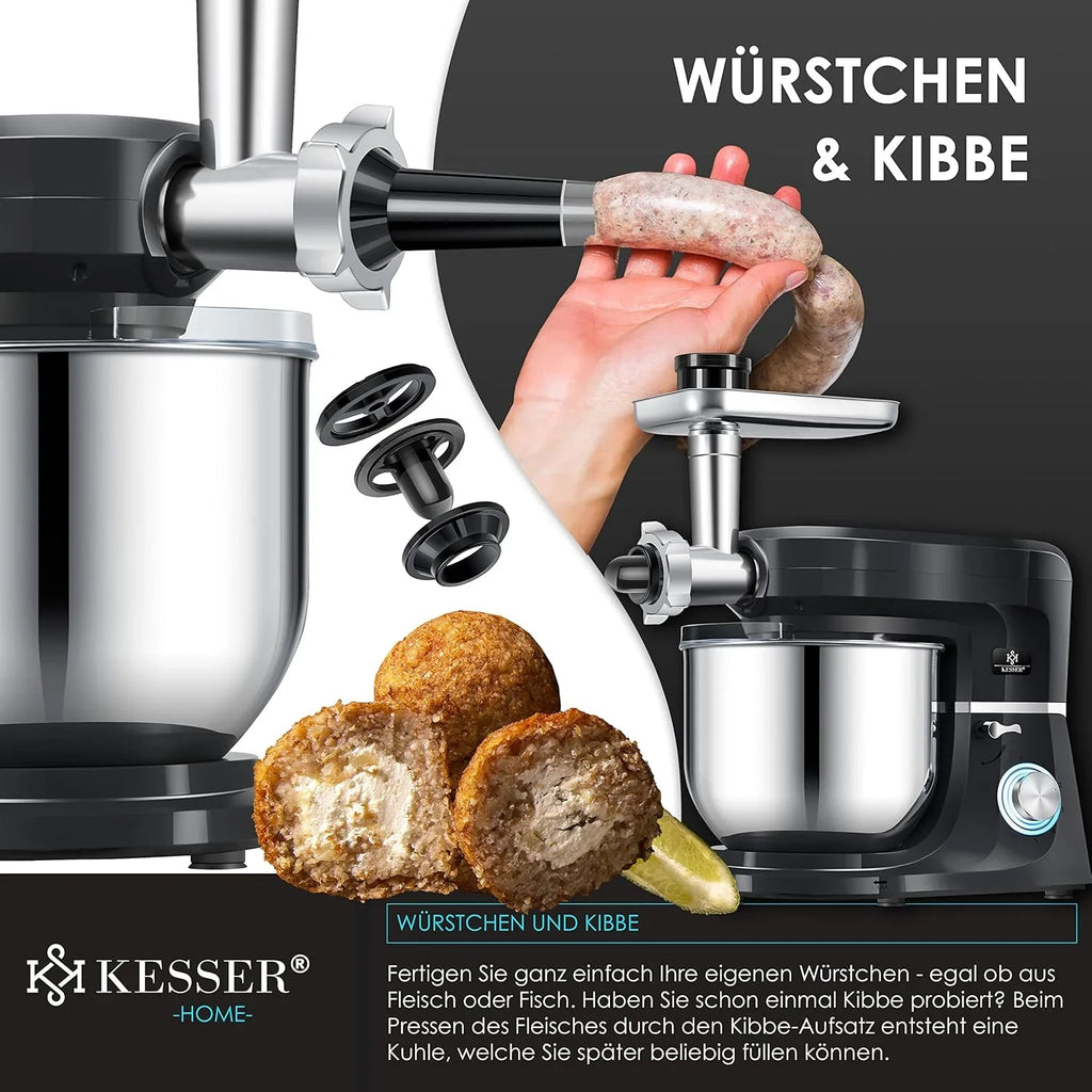 KESSER® 3 in 1 Universal Küchenmaschine K-KM 3000 mit Fleischwolf Knetmaschine Multifunktionale Rührmaschine 5,5L Schüssel mit 3 Rührwerkzeuge, 1,5L Entsafter, Zubehör-Set, Pasta & Gebäckformen
